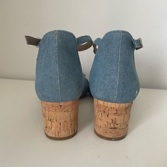 Aerosoles Heelrest Cuff Link Blue Denim Cork Ankle Strap Heels Size 8 - Picture 6 of 9